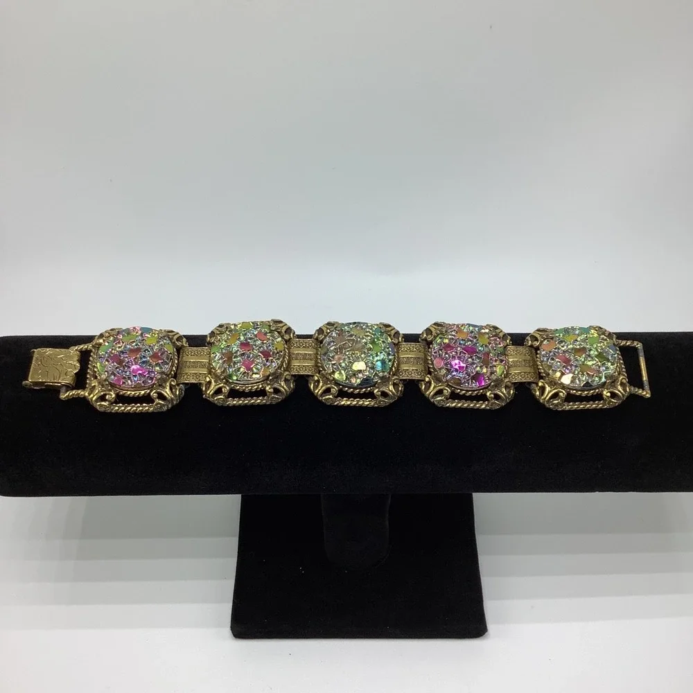 Vintage‎ Judy Lee Gold Tone Carnival Glass Link Bracelet 5 Panel Squares